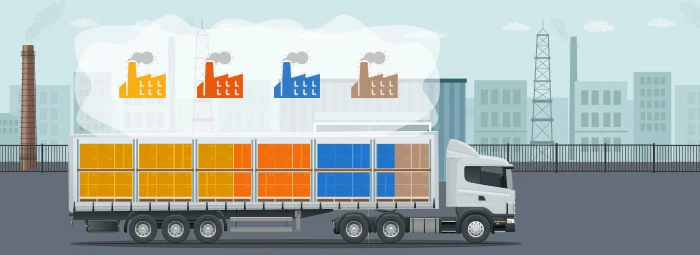 A truck with a transparent trailer full of boxes and factory icons above it, representing the process of China warehouse consolidation for international shipping.