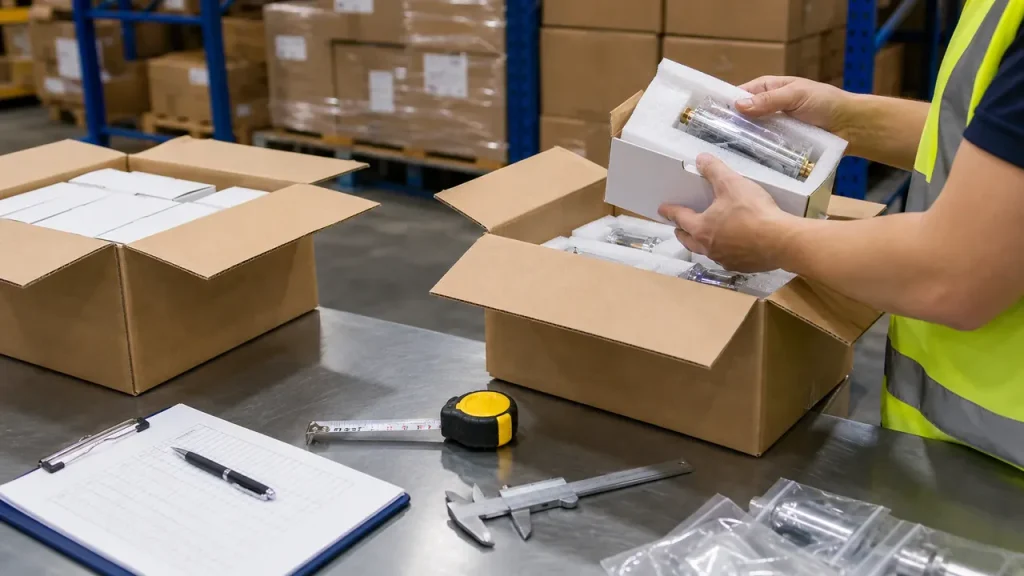 A warehouse worker inspecting metal parts from a box on a workbench with measuring tools, representing the quality control and operations of a China Warehouse.