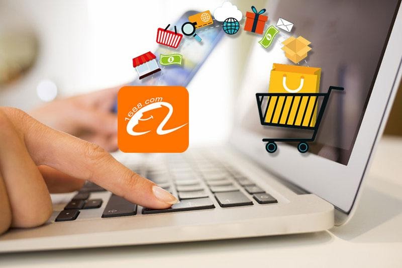 A hand using a laptop with the 1688.com logo and e-commerce icons, representing the process of 1688 supplier vetting for online sourcing.