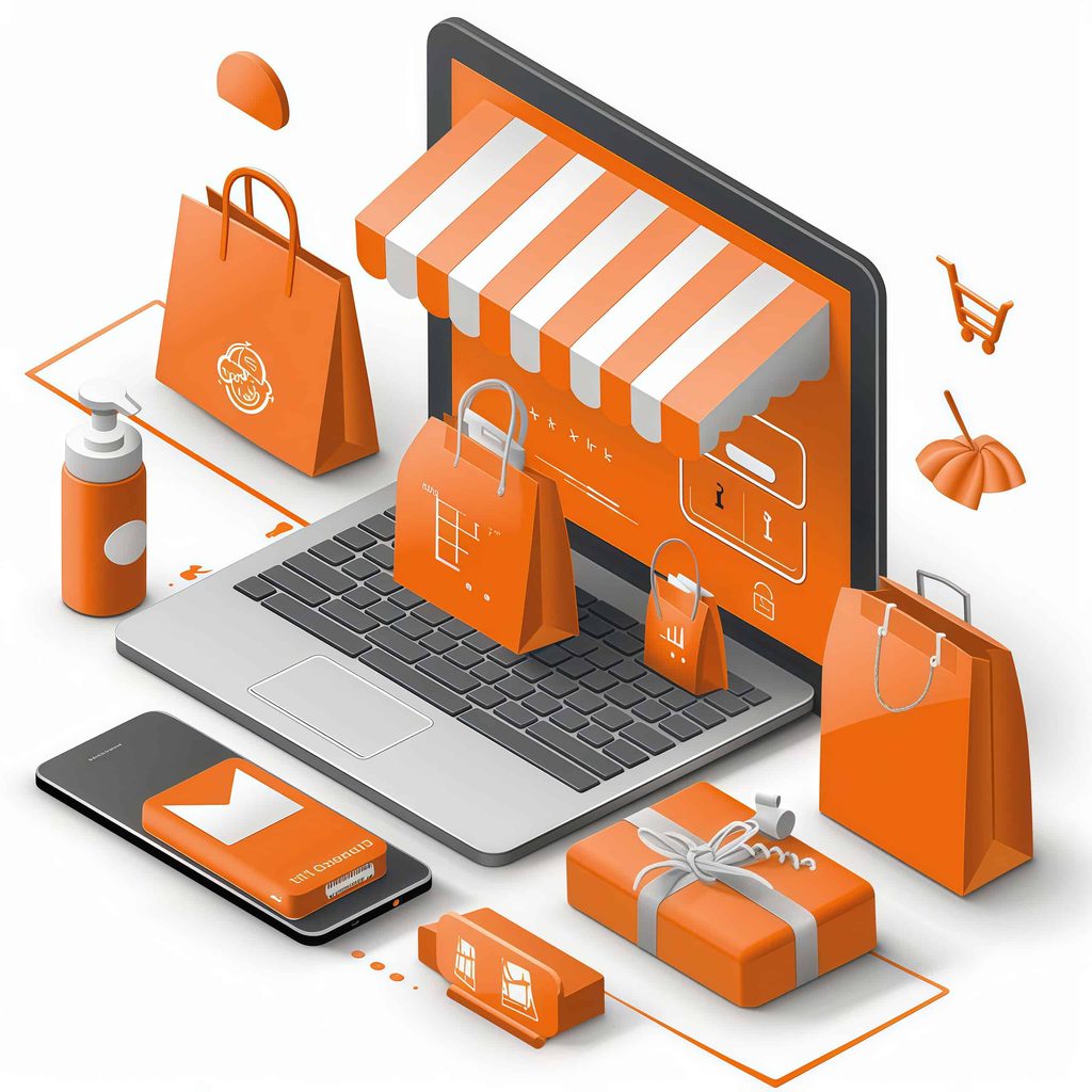 A 3D illustration of a laptop showing an online store surrounded by shopping bags, a phone, a gift box, and parcels, representing the process to buy from 1688.